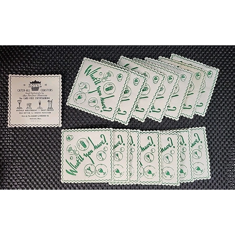 Vintage Royal Catch-All Paper Coasters Green White "What'll You Have?" Barware - Picture 7 of 13